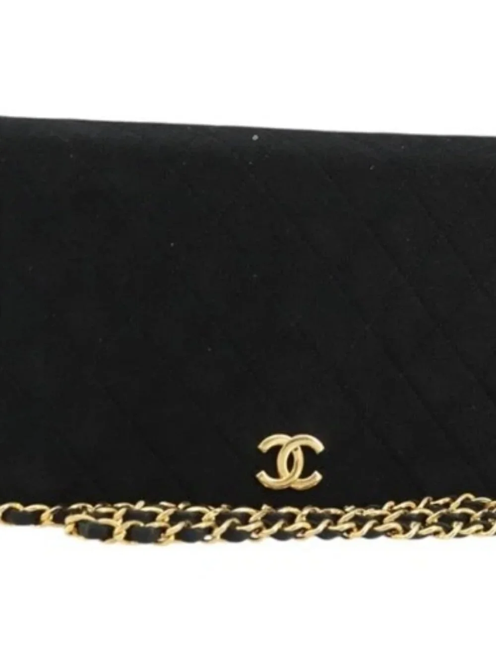 CHANEL Matelasse Chain Shoulder Bag Cotton Black Gold CC Auth bs34514